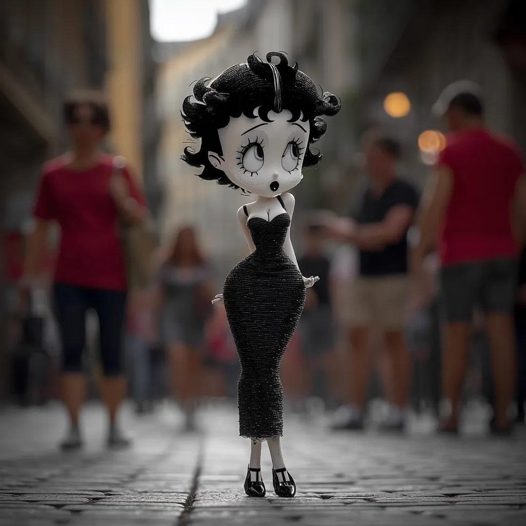 A stylized Betty Boop figurine, in a black dress and signature hairstyle, stands on a cobblestone street.  The background is blurred, showing out-of-focus pedestrians walking on a city street, creating a contrast between the sharp detail of the figurine and the bustling urban scene.  The overall mood is a blend of classic cartoon charm and modern street photography.