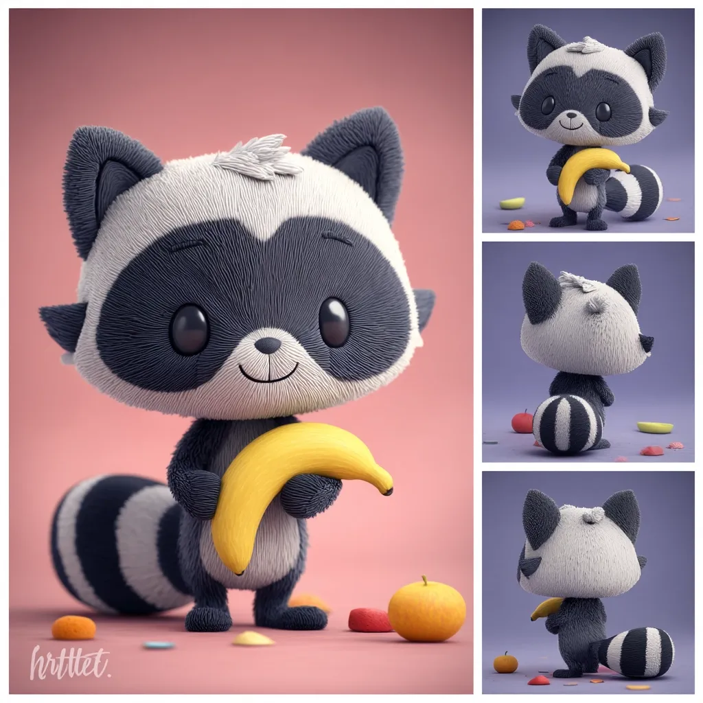 A cute, stylized 3D rendering of a raccoon holding a banana is shown from three different angles. The raccoon has large, expressive eyes and a fluffy texture.  The background is a soft pink and purple, with small fruits scattered around the base of the raccoon. The overall style is playful and appealing.