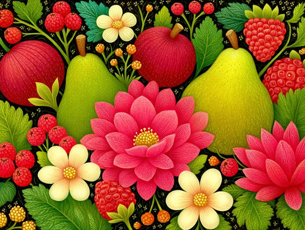 A vibrant still life featuring pears, apples, raspberries, and flowers.  The fruits are depicted in rich, saturated colors, contrasting beautifully with the bright pink and cream-colored blossoms.  The detailed rendering creates a textured, almost embroidered effect, showcasing the lushness of the botanical elements.  The dark background enhances the vibrancy of the composition.