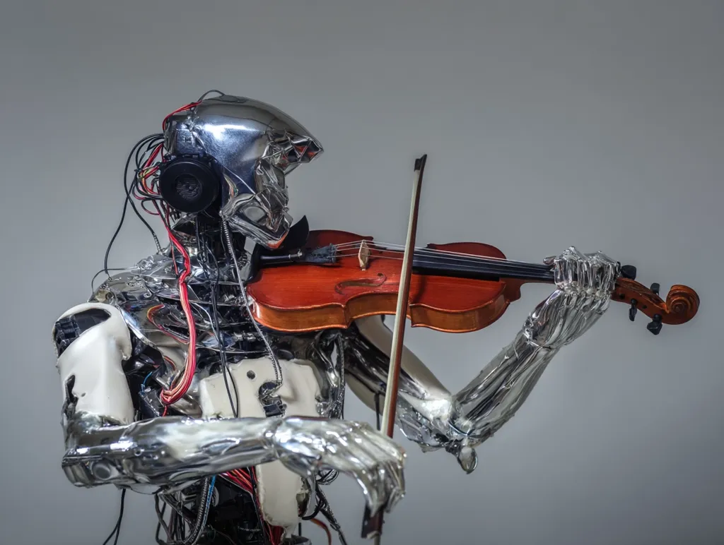 A chrome-plated robot, with exposed wires and a headset, plays a violin.  The robot's metallic arms and hands delicately hold the instrument, suggesting a blend of technology and artistry. The image contrasts the cold, metallic texture of the robot with the warmth of the wooden violin, creating a striking visual juxtaposition. The background is a neutral gray, drawing focus to the robot musician.