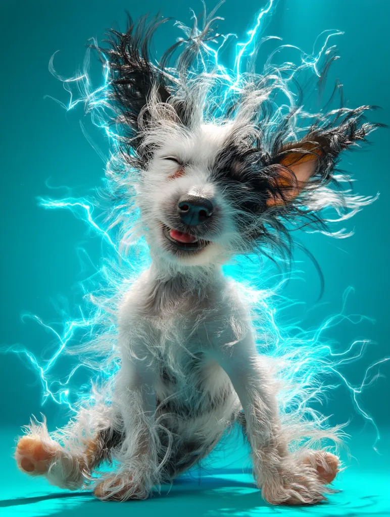 A playful, digitally enhanced image showcases a Chinese Crested puppy.  Its long, white fur appears to be electrified, standing on end with vibrant blue energy streaks surrounding it. The puppy sits, smiling with its eyes closed, against a teal background. The overall effect is whimsical and fantastical.
