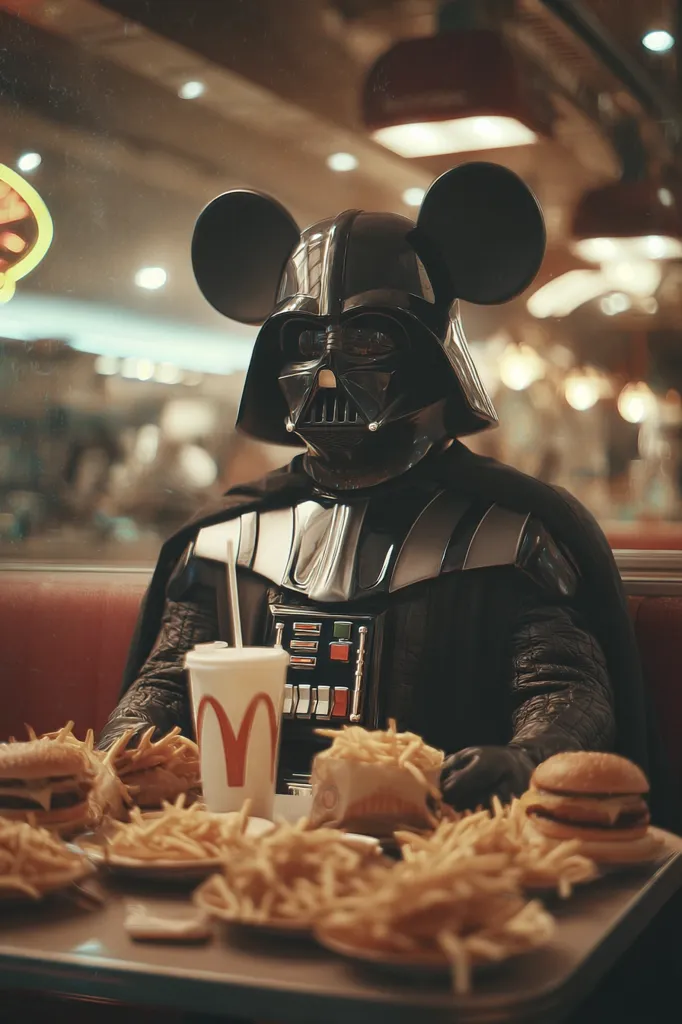 Darth Vader, sporting Mickey Mouse ears, sits in a fast-food restaurant.  A table laden with burgers and copious amounts of french fries is before him.  A large soda sits amongst the food. The scene is dimly lit, creating a humorous juxtaposition between the iconic villain and the mundane setting. The image suggests a playful, unexpected contrast between the dark and light sides of popular culture.