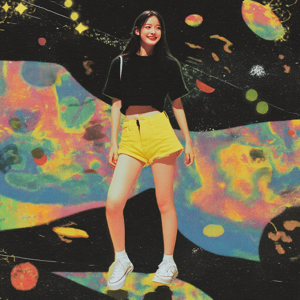 A young woman with long dark hair smiles confidently. She's dressed in a black cropped top and vibrant yellow shorts, paired with white sneakers. The backdrop is a psychedelic collage of swirling colors, nebula-like patterns, and cosmic elements, creating a surreal and trendy aesthetic.  Her pose is relaxed yet stylish, standing against the vibrant, otherworldly background.