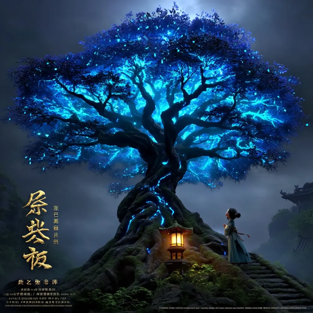 A young woman in flowing robes stands before a colossal, luminous tree.  The tree's branches and trunk glow with vibrant blue energy, resembling crackling lightning.  A small, glowing lantern sits at the base of the tree, casting a warm light against the dark, mystical backdrop. The scene evokes a feeling of fantasy and wonder, potentially from an animated film or game.