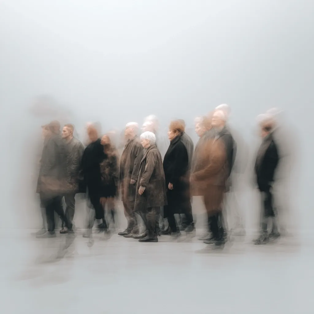 A blurred image depicts a group of people, predominantly dressed in muted earth tones, standing in a row.  The figures are out of focus, creating a sense of movement and anonymity. The overall impression is one of a crowd in motion, possibly within a large, minimalist space.  The lack of sharp detail emphasizes the collective rather than the individual.