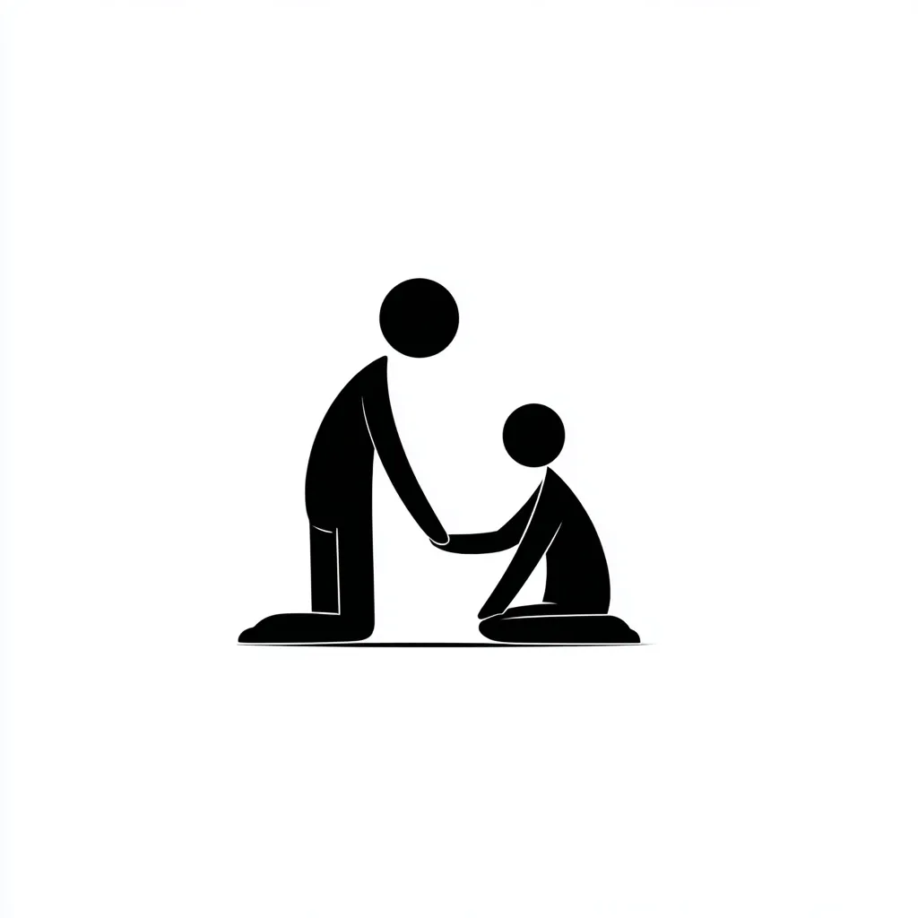 A simple black pictogram depicts an act of assistance.  A taller figure, kneeling slightly, offers a hand to a smaller figure also kneeling.  The image conveys support, help, or a gesture of compassion. The minimalist style emphasizes the core action of helping someone in need.