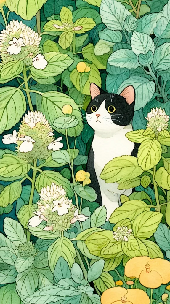 A tuxedo cat is nestled amidst a vibrant garden.  Lush green foliage, punctuated by clusters of delicate white flowers and small yellow blooms, surrounds the cat. The illustration style is detailed and whimsical, with soft colors and a focus on the interplay between the feline and the natural world. The cat's curious gaze adds a touch of playful mystery to the scene.