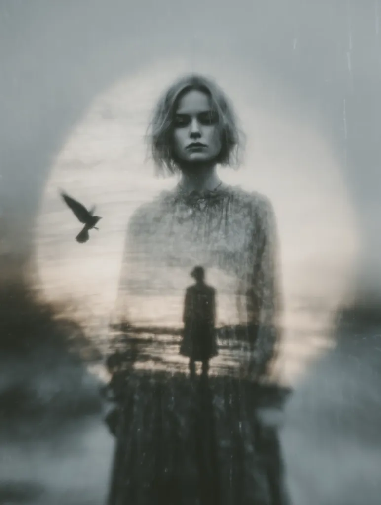 A double exposure photograph depicts a woman with short blonde hair, superimposed over a seascape.  She wears a light-colored dress. In the background, a solitary figure stands on a beach, while a bird flies overhead. The overall mood is melancholic and ethereal, with muted tones creating a dreamlike atmosphere. The image suggests themes of isolation, longing, and introspection.