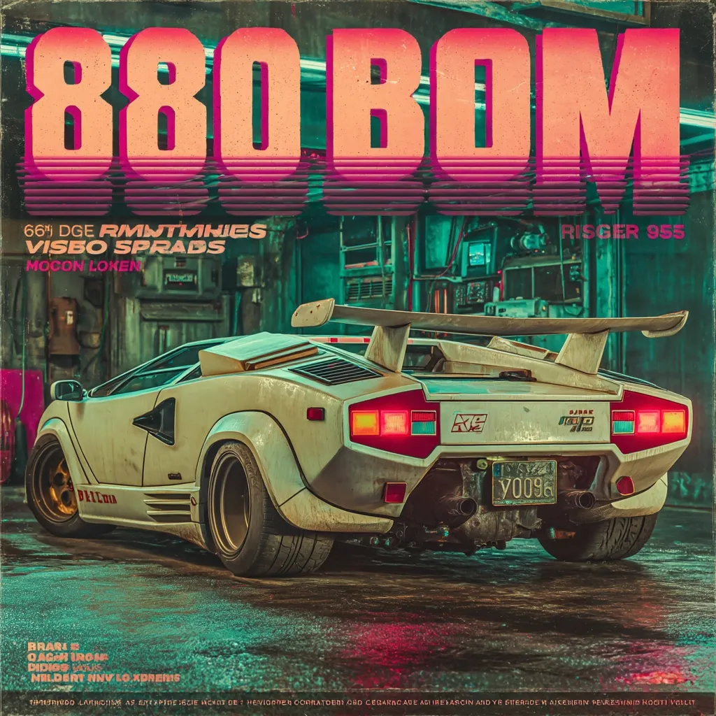 A retro-styled poster features a weathered Countach Lamborghini, its rear prominently displayed.  The car's license plate reads "Y0096".  The title "880 BOM" is in large, stylized 80s-inspired font, accompanied by smaller text including names and possibly artist credits, suggesting a music release or art print. The overall aesthetic evokes a gritty, cyberpunk vibe.