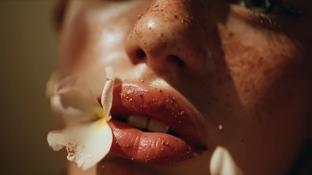 A close-up shot captures a person's face, adorned with freckles and subtly shimmering skin.  Their full lips, coated in a glossy, reddish-brown lipstick speckled with gold, are gently parted.  A delicate white flower petal rests between their lips, adding a soft, ethereal contrast to the warm tones of the image.  The overall aesthetic is sensual and slightly surreal.