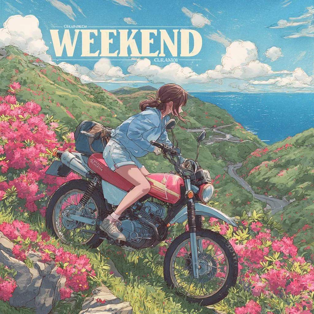A young woman rides a red motorcycle along a winding coastal road.  Vibrant pink rhododendrons bloom alongside the path, contrasting with the lush green hills and blue ocean in the background.  The word "WEEKEND" is prominently displayed, suggesting a feeling of freedom and adventure. The style is reminiscent of anime, with soft lines and a dreamy, idyllic setting.
