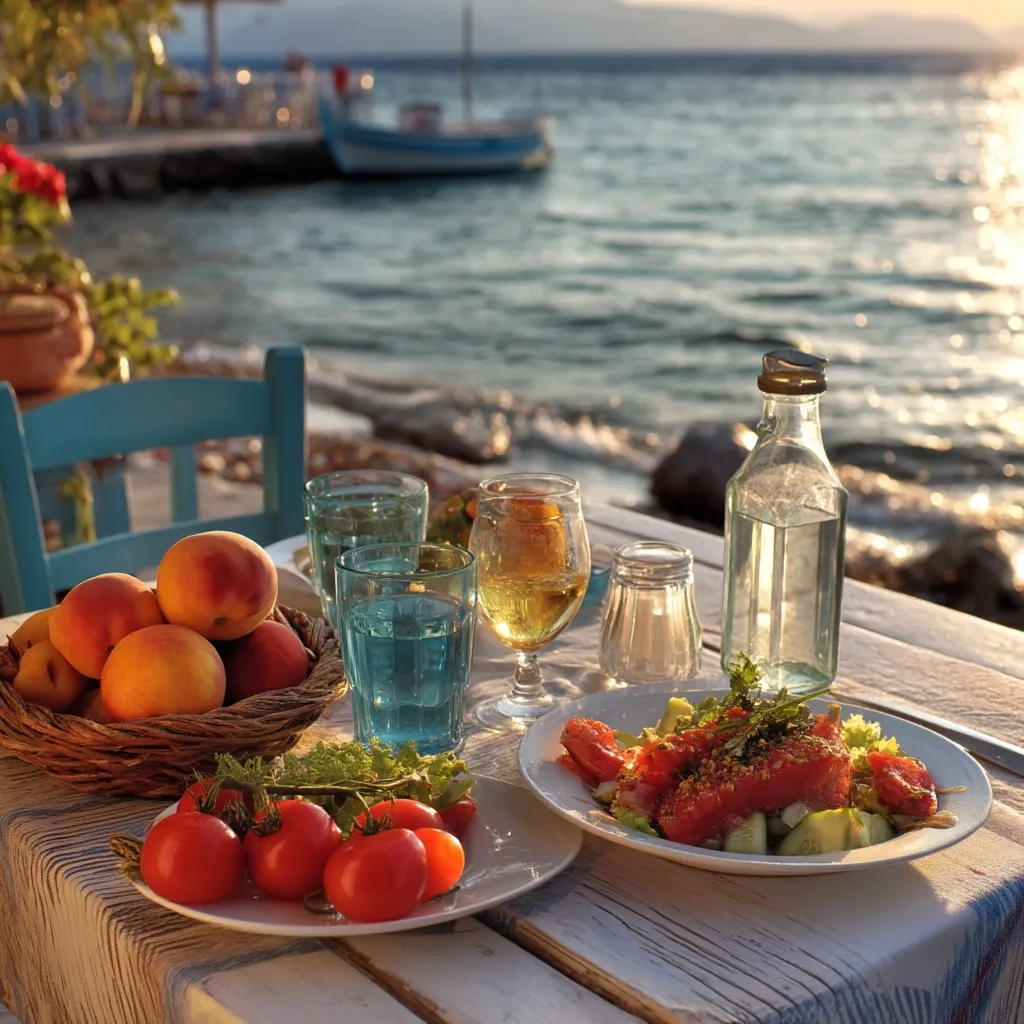 A picturesque seaside table is set for a meal.  Fresh apricots and tomatoes sit beside glasses of water and wine. A vibrant salad, possibly salmon, is the centerpiece.  The tranquil ocean, a boat, and a glimpse of a charming village create a serene backdrop to this idyllic outdoor dining scene. The setting sun casts a warm glow.