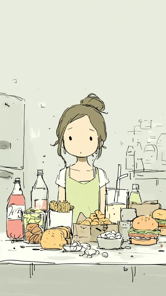 A simple line drawing depicts a young woman with a bun hairstyle, wearing a light green apron, sitting before a table laden with fast food.  The spread includes burgers, fries, onion rings, soda, and other snacks.  The style is minimalist and slightly melancholic, with a muted color palette. The overall impression is one of quiet contemplation amidst an abundance of junk food.