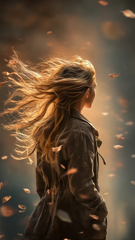 A young woman with long, flowing blonde hair stands with her back to the camera, facing a golden, autumnal light.  Her brown jacket is slightly ajar, and she appears contemplative.  Falling leaves surround her, creating a dreamy, atmospheric effect. The overall mood is serene yet wistful.