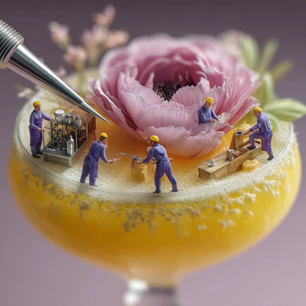 Miniature figures in purple overalls and yellow hard hats work diligently within a cocktail glass.  A large pink flower sits atop a frothy, orange liquid.  The scene is meticulously detailed, with tiny tools and equipment visible.  A precision instrument hovers above, suggesting the creation of a miniature, whimsical world within the drink.