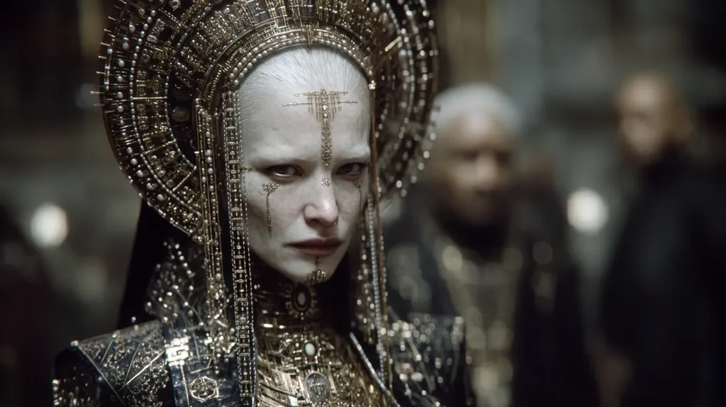 A pale-skinned woman with intricate gold and black headwear and jewelry dominates the frame.  Her expression is serious, almost stern.  She is adorned with elaborate metallic ornamentation, including a large crown-like headpiece and necklaces.  Blurred figures in dark clothing are visible in the background, suggesting a courtly or ceremonial setting.  The overall aesthetic is dark, luxurious, and otherworldly.
