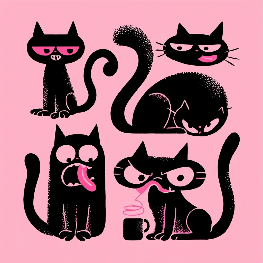 Five stylized black cats with pink accents are depicted against a pink background.  Each cat exhibits a unique expression and posture.  One cat is playfully sticking its tongue out, another appears grumpy, while others display a range of moods from mischievous to sullen. The illustration is bold, graphic, and reminiscent of mid-century modern design.  A small coffee cup is present near one of the cats.