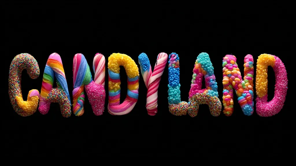 The word "CANDYLAND" is spelled out using various colorful candies and sprinkles. Each letter is a unique composition of different sweets, including rainbow swirl candies, candy canes, jelly beans, and colorful sprinkles, creating a vibrant and playful effect against a black background.  The image is visually appealing and evokes a sense of sweetness and fun.