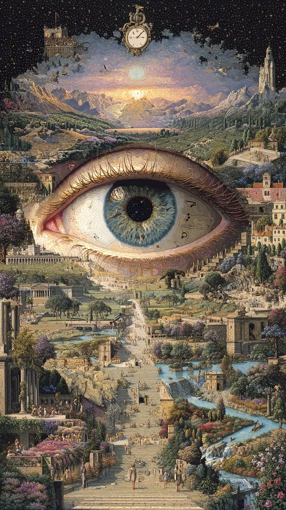 A giant eye dominates the center, its iris reflecting a fantastical landscape.  Below, a grand staircase descends towards a vibrant city nestled amongst lush gardens and flowing waterways.  Ancient architecture and modern structures coexist, all overseen by a celestial clock in the upper atmosphere. The scene is dreamlike, a surreal blend of history, fantasy, and time.