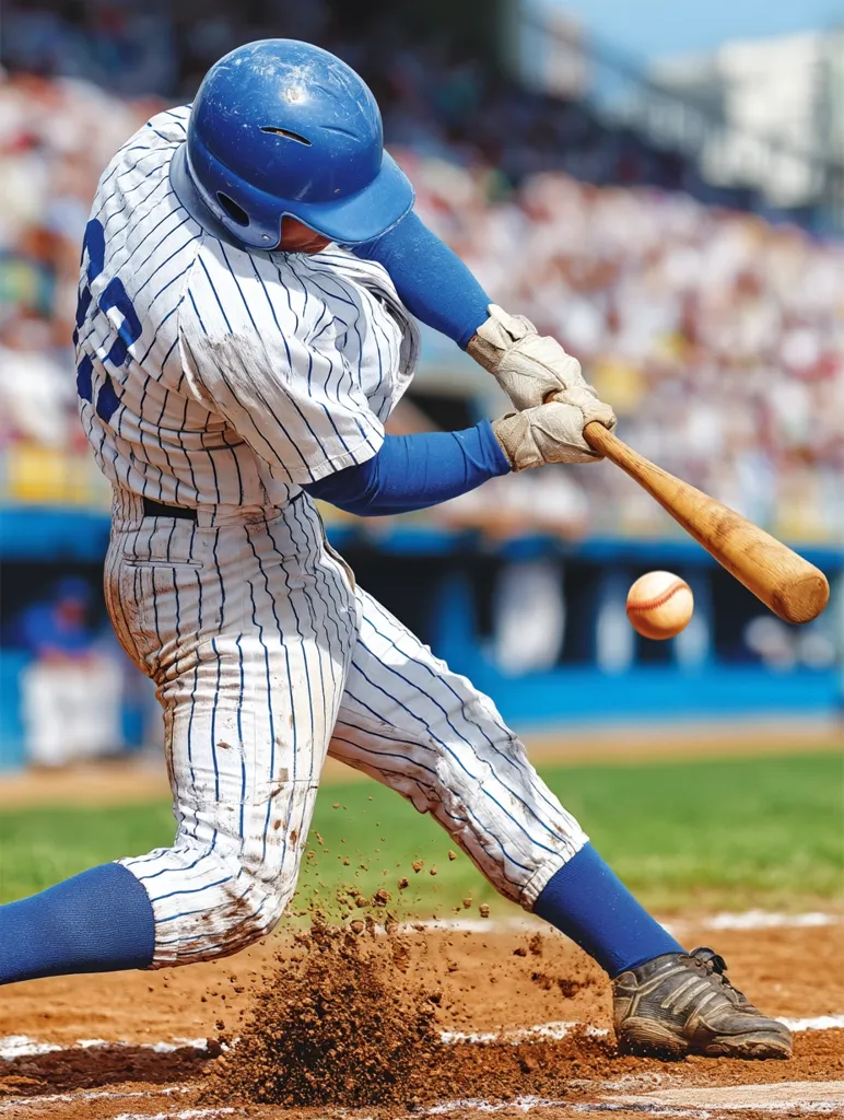 A baseball player in a pinstripe uniform powerfully swings his bat, connecting with the ball.  Dirt sprays from his cleats as he follows through with the swing, his focused expression and determined stance captured in mid-action. The blurry background suggests a lively baseball game in full swing.