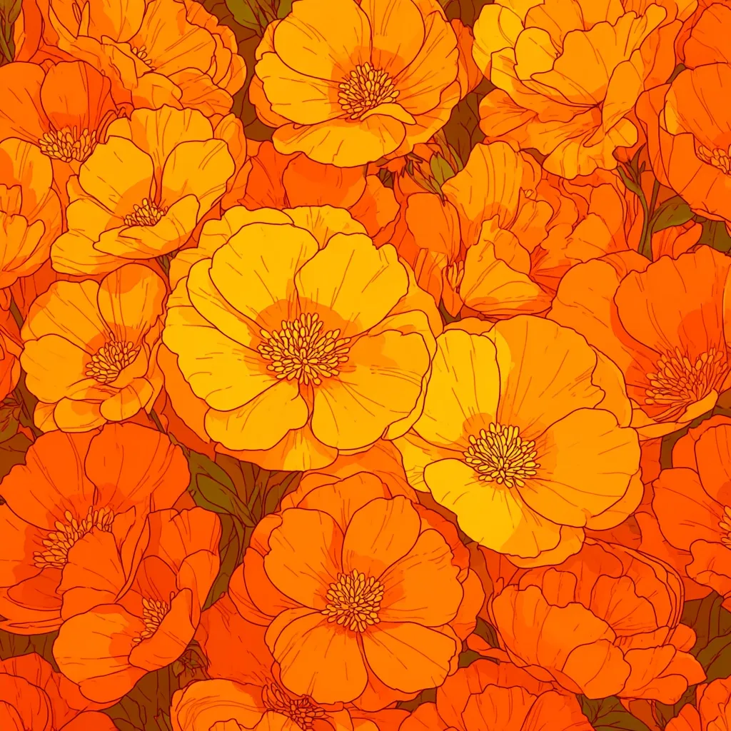 A vibrant close-up captures a dense cluster of stylized orange poppies.  The flowers, rendered in a bold graphic style, exhibit varying shades of orange and yellow, creating a rich, textured effect.  Their detailed petals and central stamens are clearly defined, suggesting a meticulous artistic approach. The overall composition is a saturated, almost psychedelic, bloom of color.