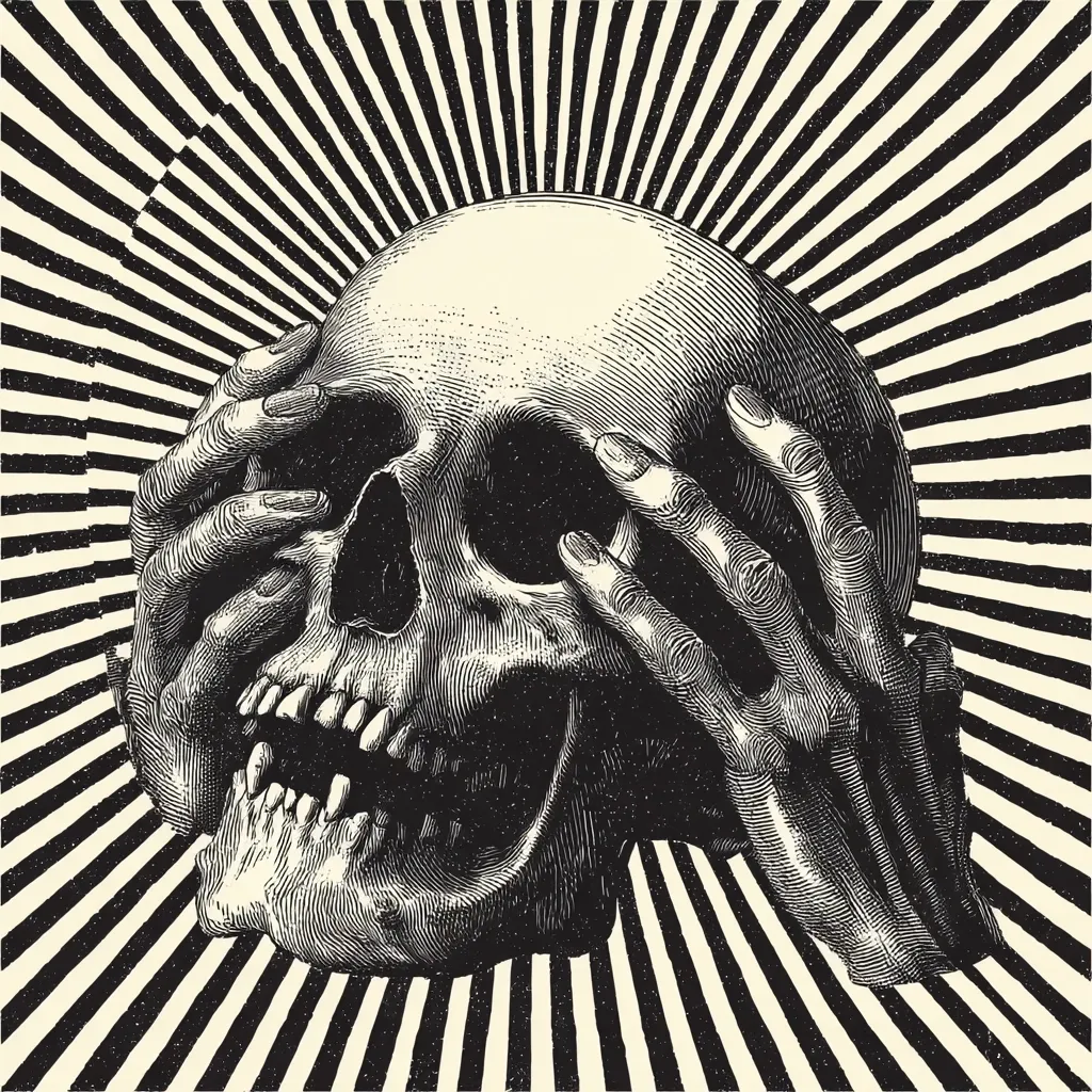 A detailed, black and white illustration showcases a skull, its empty eye sockets and gaping mouth accentuated by two hands delicately covering its eyes.  The skull is positioned against a dramatic, radiating sunburst background, creating a stark contrast and enhancing the image's ominous yet artistic feel. The style is reminiscent of woodblock printing or a vintage etching, lending a timeless and slightly macabre quality to the piece.