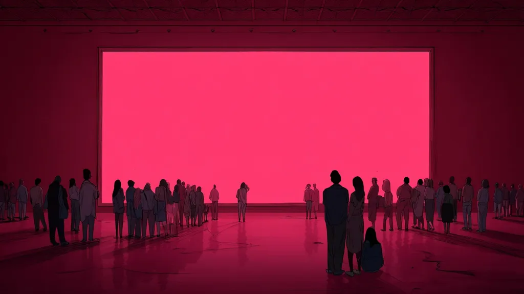 A large crimson-hued rectangle dominates a minimalist gallery space.  A crowd of people, rendered in dark silhouettes, stand observing the stark, brightly colored plane.  The overall mood is one of quiet contemplation and perhaps a sense of unease or mystery presented by the overwhelming scale of the artwork.  The scene evokes a feeling of mass observation, with individuals lost within the larger collective.