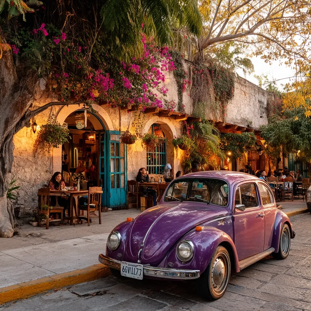 A charming purple Volkswagen Beetle is parked outside a quaint restaurant in a sun-drenched town.  The restaurant, with its arched doorways and vibrant bougainvillea, has outdoor seating where patrons enjoy the warm evening.  The scene is idyllic, with hanging plants and warm lighting adding to the inviting atmosphere.  The overall ambiance is peaceful and picturesque.