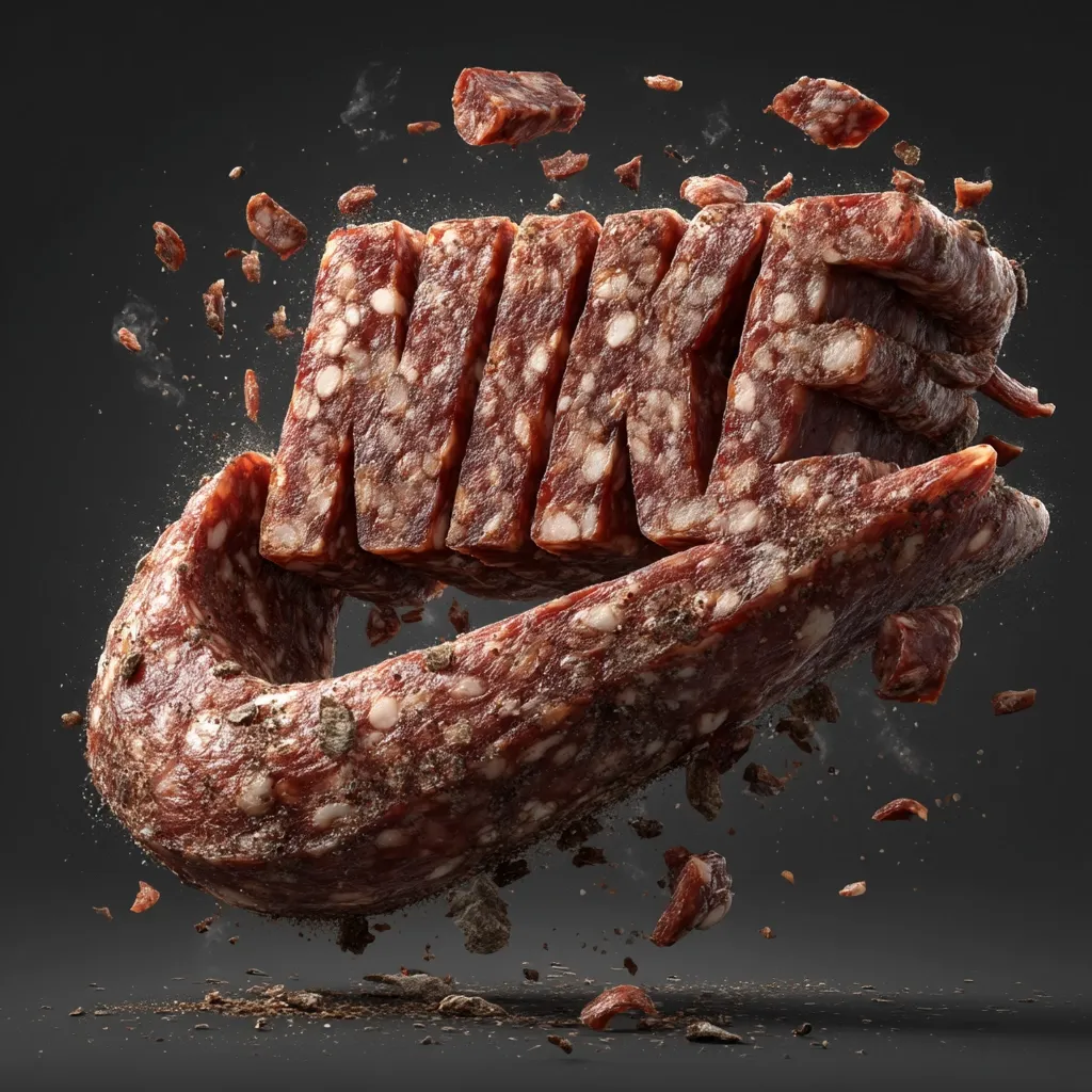 A digital rendering shows the Nike logo formed from pieces of salami.  The salami is dark reddish-brown with visible flecks of pepper or other spices.  The logo is depicted in mid-air, seemingly shattering into smaller pieces, with fragments scattered around it against a dark grey background.  The overall effect is both visually striking and humorous.