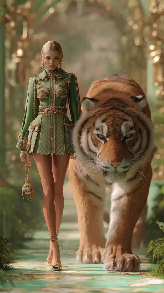 A blonde woman in a luxurious green and gold dress walks alongside a large tiger in a lush, green garden setting.  The dress is intricately detailed with gold embellishments.  The tiger, majestic and powerful, walks calmly beside her.  The scene is surreal and evokes a sense of opulent fantasy. The overall aesthetic is high fashion and otherworldly.