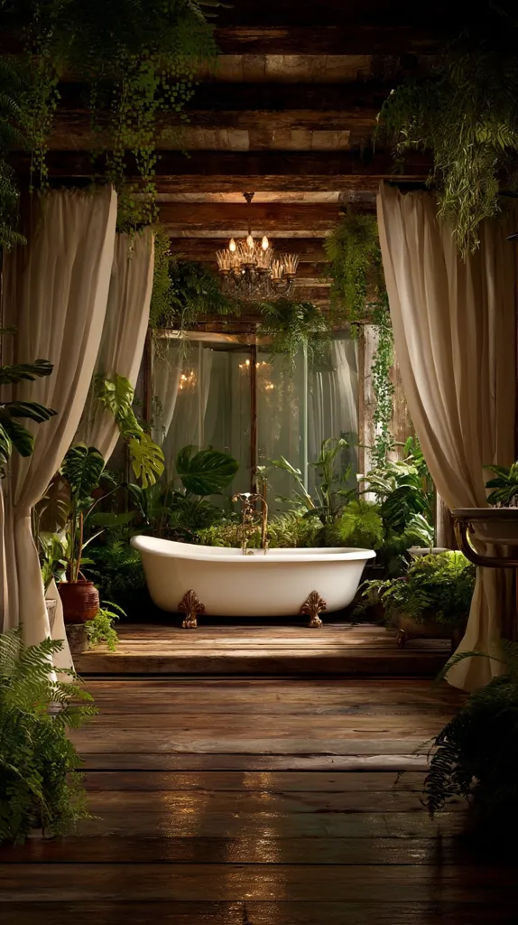 A luxurious clawfoot bathtub sits in a lush, indoor garden.  Surrounded by abundant greenery and draped with sheer curtains, the bathroom boasts a rustic wooden floor and exposed beams. A chandelier adds a touch of elegance to the tranquil, spa-like atmosphere.  The overall scene is one of serene beauty and natural harmony.