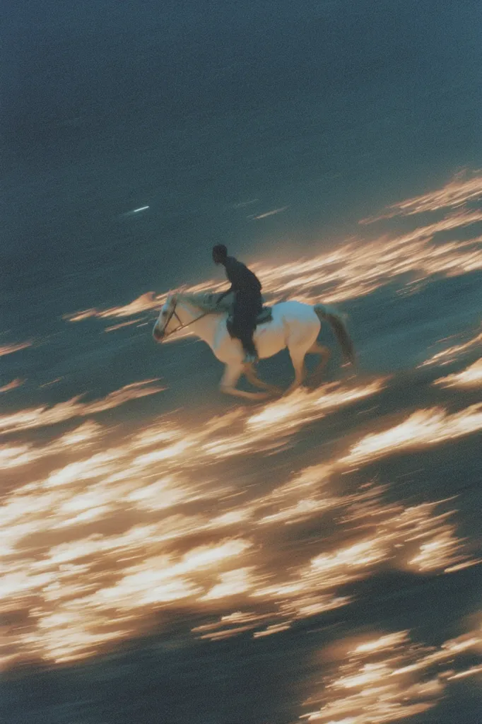 A lone figure on a white horse gallops across a landscape bathed in warm, golden light. The motion blur creates a sense of speed and ethereal beauty. The dark silhouette of the rider contrasts against the bright, flowing background, enhancing the mystical atmosphere of the scene.  The overall impression is one of solitary journey and magical realism.