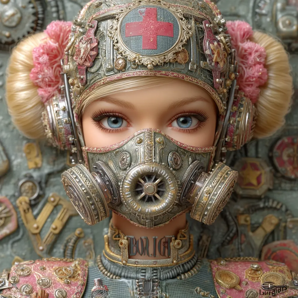 A digital artwork depicts a female figure with striking blue eyes, wearing an intricate steampunk-style helmet and gas mask.  The helmet is adorned with pink floral details and a red cross, suggesting a medical or protective role.  Her neck features a metallic collar with stylized text. The background showcases a complex array of gears and metallic components, enhancing the futuristic, dystopian aesthetic. The overall style is highly detailed and visually captivating.