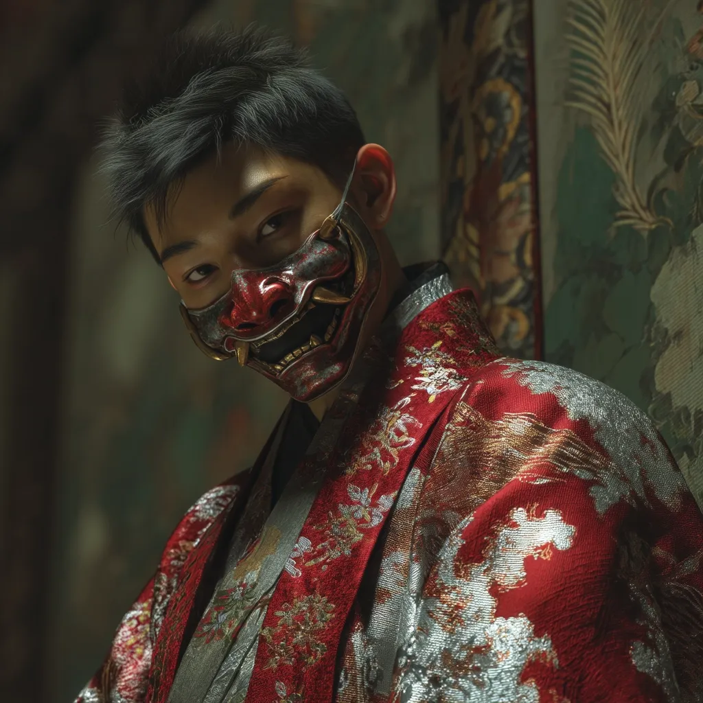 A young man with dark hair dons a striking oni mask, a traditional Japanese demon mask, its red and gold detailing catching the light. He's dressed in a rich, ornate red and silver kimono, the fabric adorned with intricate floral and possibly dragon motifs. The dimly lit background suggests an antique setting, enhancing the mysterious and dramatic mood.  His partially visible eyes hint at a hidden intensity beneath the mask.