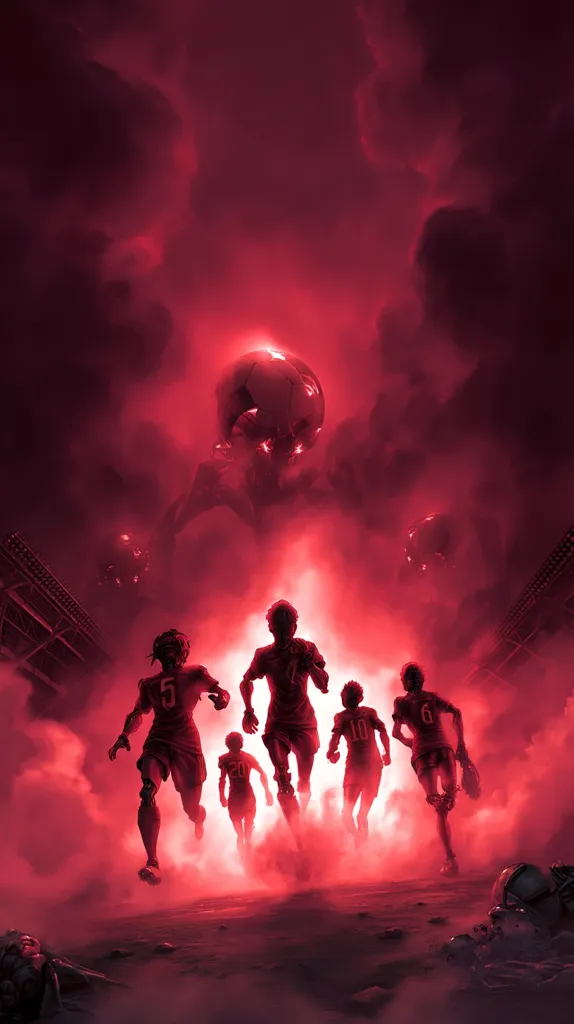 A dramatic illustration depicts a soccer team running towards a giant, ominous soccer ball hovering above a stadium.  The scene is bathed in a crimson red light, creating a tense and foreboding atmosphere.  The players are silhouetted against the glowing ball, suggesting an impending confrontation or challenge.  Smaller, similar balls flank the central one, adding to the sense of scale and threat.