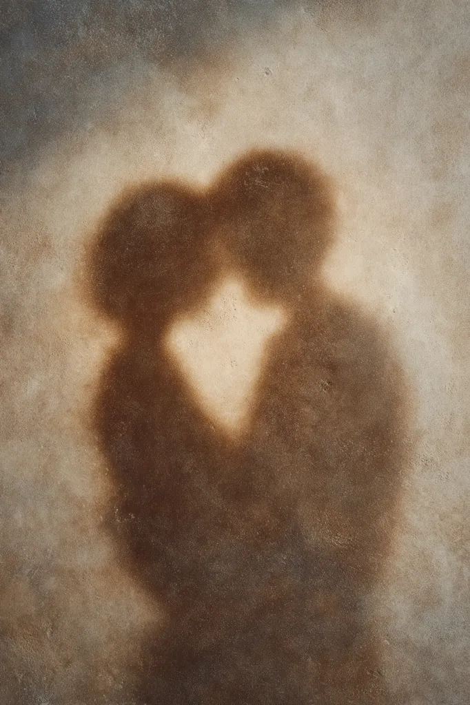 A blurry, sepia-toned image shows the shadow of two people embracing, possibly kissing.  The shadow is cast onto a textured, light beige surface, creating a soft, romantic, and slightly ethereal effect.  The lack of sharp detail adds to the image's mysterious and intimate mood.