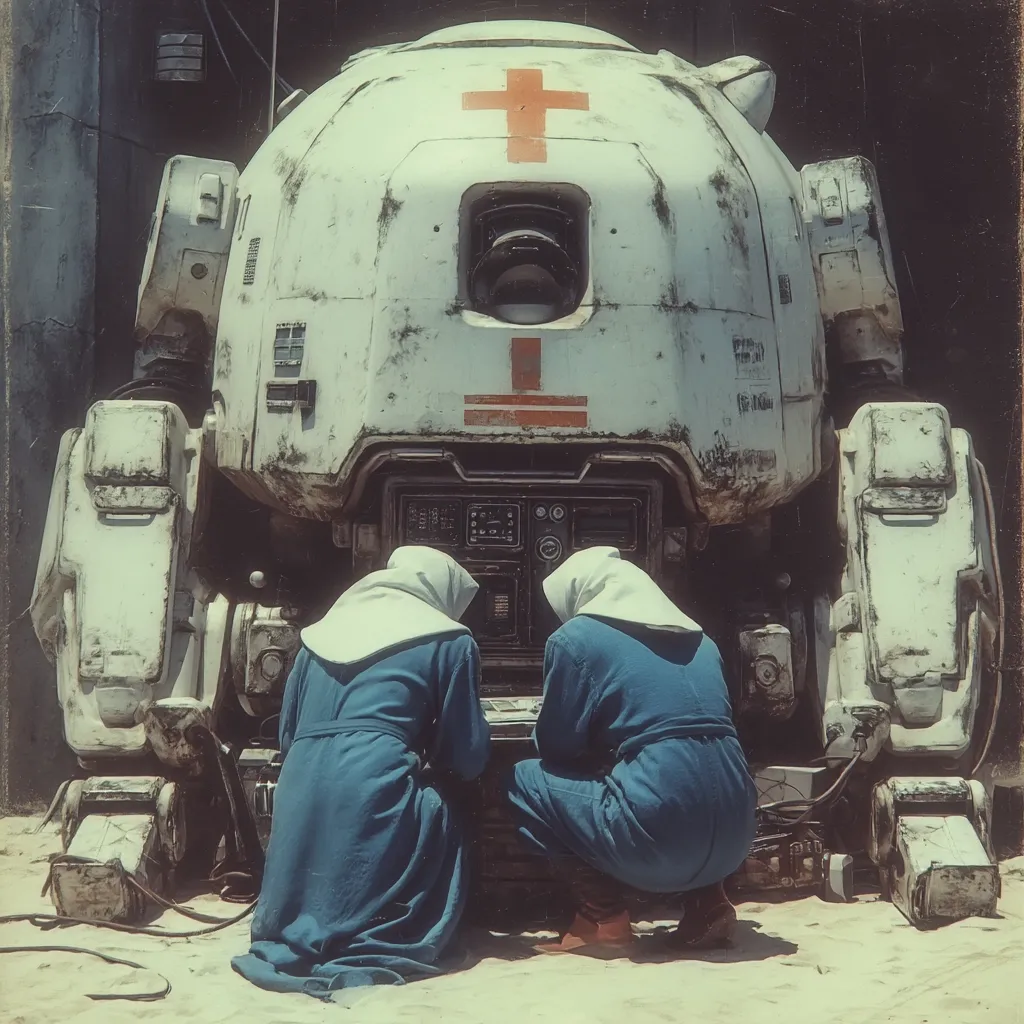 Two figures in blue robes and white head coverings are crouched before a large, weathered, white mech.  The mech's dome features a prominent red cross, suggesting a medical or rescue function.  The scene is set outdoors on light-colored sand, with a dark background hinting at a hangar or industrial setting. The overall aesthetic is post-apocalyptic or sci-fi.