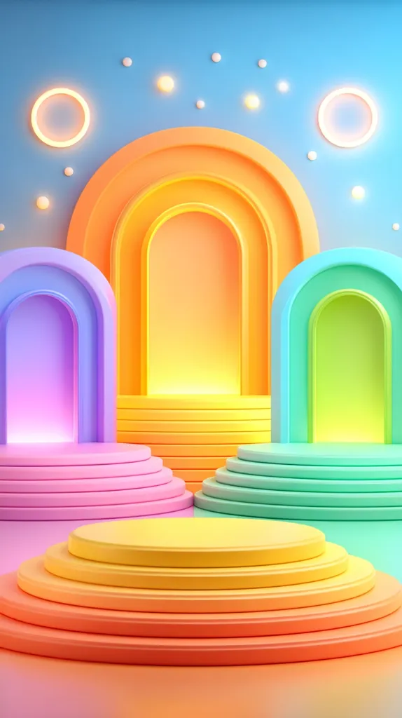 A vibrant pastel-colored 3D rendering showcases a series of arched platforms, each in a different color—pink, orange, and mint green.  The platforms are layered, creating a visually appealing stepped effect.  The background is a soft blue, adorned with glowing white circles and dots, enhancing the overall whimsical and cheerful atmosphere.  The image suggests a playful and modern design aesthetic.