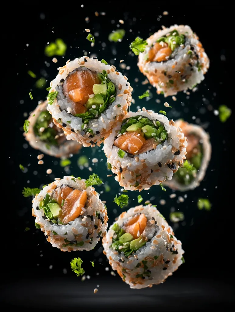 Several pieces of sushi, seemingly mid-air, are captured against a black background.  Each roll is generously coated in sesame seeds and features salmon, avocado, and green onions.  The vibrant ingredients and dynamic composition create a visually appealing image of fresh, delicious-looking sushi.  Bits of sesame seeds and herbs are scattered around the suspended rolls, adding to the sense of motion.