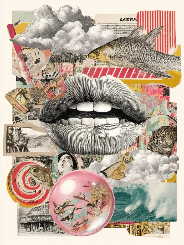 A vibrant collage features a prominent pair of lips, surrounded by a whimsical array of images.  A large fish, clouds, a leopard, and various vintage illustrations and ephemera create a surreal and dreamlike atmosphere.  A pink bubble contains smaller images, adding depth and layers to this visually rich artwork. The overall style is eclectic and playful, mixing realism with fantasy elements.