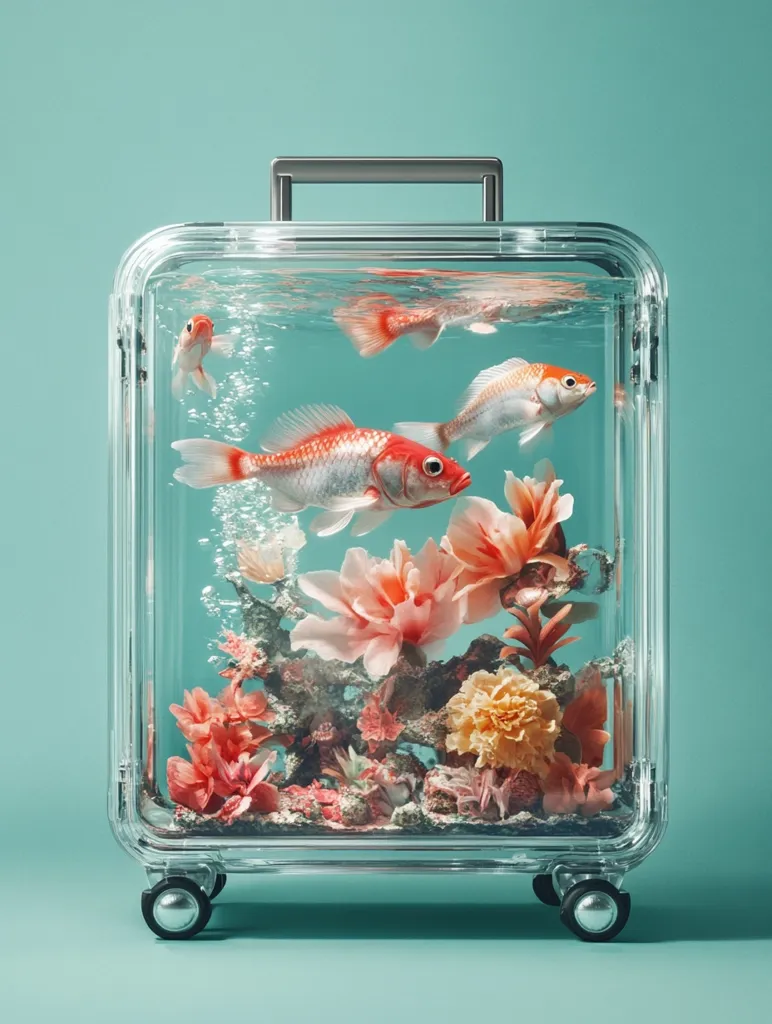 A transparent suitcase functions as an unusual aquarium.  Three goldfish swim amongst artificial coral and vibrant pink and orange flowers. The water is clear, and bubbles gently rise.  The suitcase rests on a teal background, creating a surreal and artistic juxtaposition of travel and aquatic life.