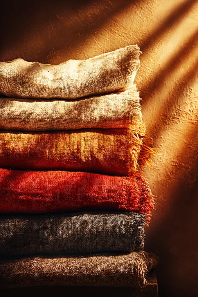 A stack of five richly colored linen throws in earth tones sits against a textured, sunlit wall.  The fabrics range from a pale beige to deep browns and reds, creating a warm and inviting autumnal palette.  The rough, slightly frayed edges of the throws add a rustic touch to the image.  The warm light accentuates the texture of both the linen and the wall.