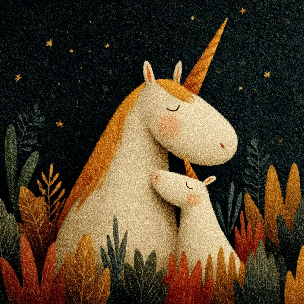 A whimsical illustration depicts two unicorns nestled together under a starlit night sky. The larger unicorn, with a golden mane and horn, gently embraces a smaller unicorn.  They are surrounded by stylized foliage in autumnal hues, creating a warm and enchanting scene. The textured style adds to the artwork's charming and dreamlike quality.