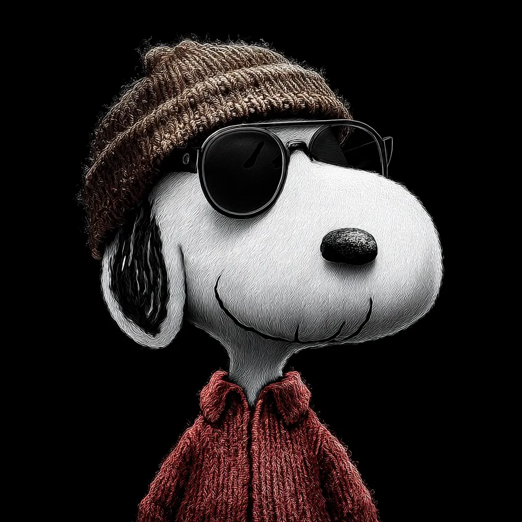 Snoopy, the iconic beagle from Peanuts, is depicted in a stylish, artistic rendering. He sports a brown knit beanie, dark round sunglasses, and a maroon knit sweater.  The image is rendered in a painterly style, giving Snoopy a textured, almost furry appearance against a stark black background.  His expression is cool and slightly mischievous.