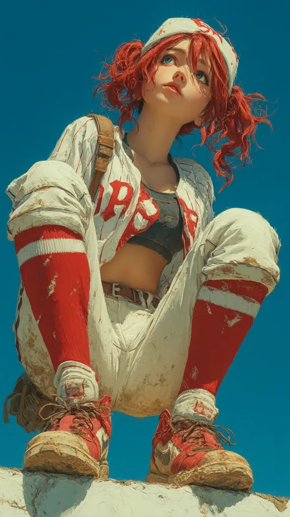 A vibrant anime-style illustration depicts a young woman with fiery red hair in pigtails, clad in a dirty, white baseball uniform with red accents.  She's crouched on a low wall, her gaze directed upward, against a clear, bright blue sky.  Her red and white striped socks and mud-caked shoes complete the sporty, slightly worn look.  The overall style is painterly and evocative of a summer day.