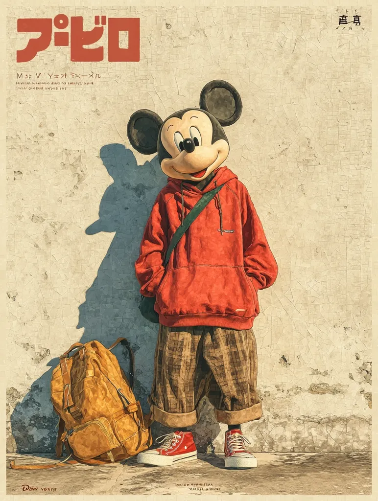 A stylized illustration features a figure wearing a Mickey Mouse head and a red hoodie.  The figure sports plaid pants and red sneakers, standing against a weathered wall with a vintage backpack at their feet. The overall aesthetic is retro and slightly grunge, with a muted color palette and a textured background.  Japanese text is visible at the top and bottom.