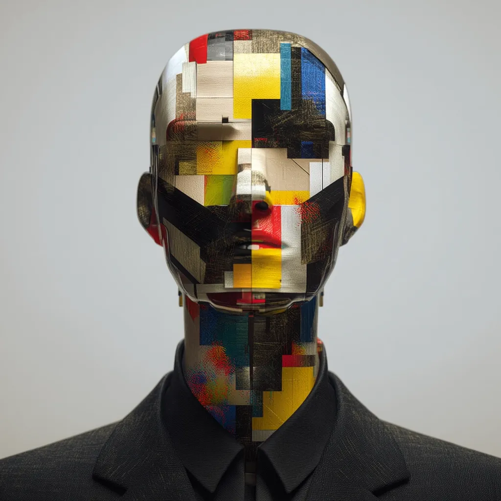 A mannequin head is shown, its face a vibrant collage of multicolored geometric blocks and brushstrokes, reminiscent of abstract art.  The mannequin wears a simple, dark suit jacket, creating a stark contrast to the bold, fragmented face. The overall effect is striking and modern, blending artistic expression with a fashion display context.