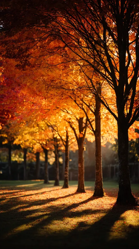 A picturesque autumn scene featuring a line of trees ablaze with vibrant orange and golden foliage.  Sunlight filters through the leaves, casting long shadows on the grassy ground. The dark silhouettes of the tree trunks contrast beautifully with the warm hues of the leaves, creating a serene and captivating image of fall.