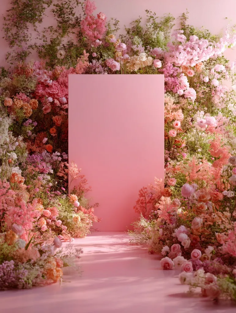 A pale pink backdrop is framed by a vibrant, overflowing arrangement of pastel pink and peach flowers.  The blooms create a lush, romantic pathway leading to the blank, rectangular panel, perfect for showcasing a product or message.  The overall aesthetic is dreamy and feminine, bathed in soft, diffused light.
