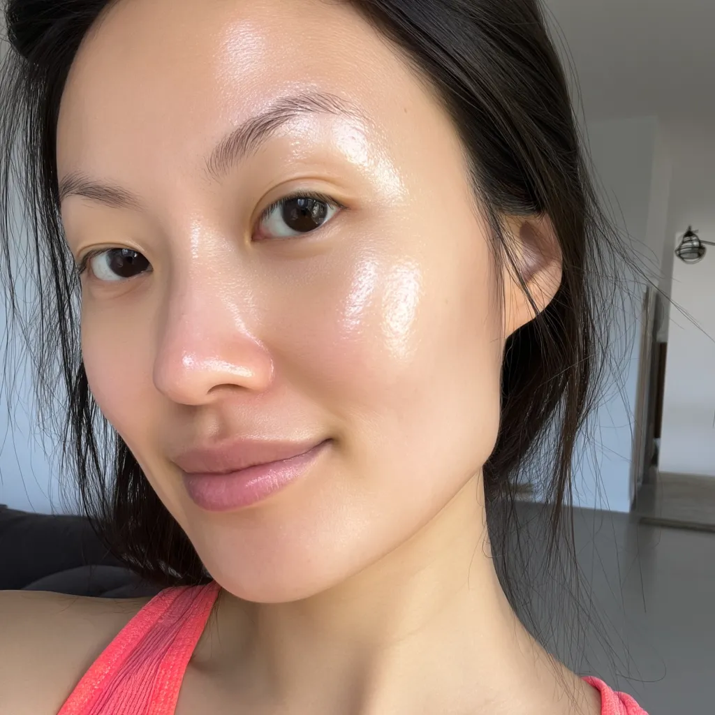 Close-up of a young woman's face, showcasing luminous, dewy skin with a subtle sheen.  Her dark hair is pulled back, highlighting her clear complexion and delicate features.  She's smiling gently, revealing a soft, natural lip color.  The background is blurred, focusing attention on her radiant skin.